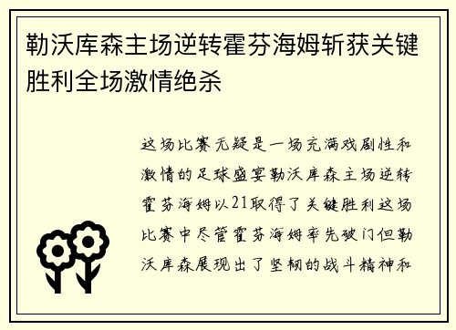 勒沃库森主场逆转霍芬海姆斩获关键胜利全场激情绝杀